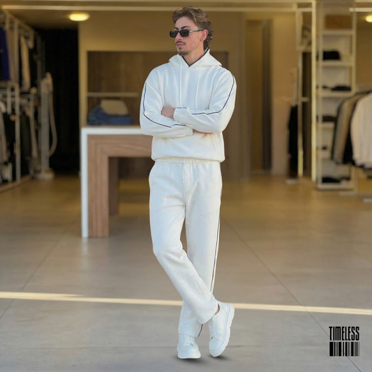 Men's White Tracksuit Black Contrast Piping