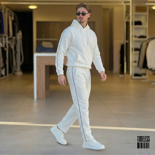 Men's White Tracksuit Black Contrast Piping