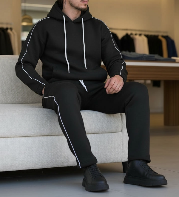 Men's Black Tracksuit with White Accent Piping