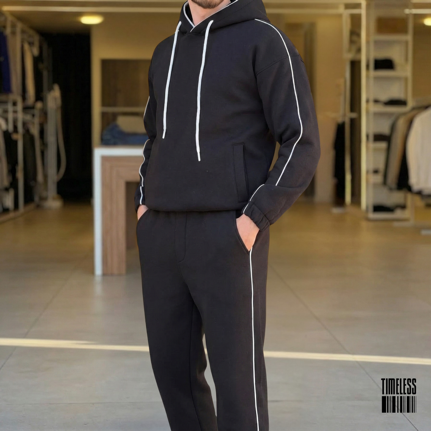 Men's Black Tracksuit with White Accent Piping